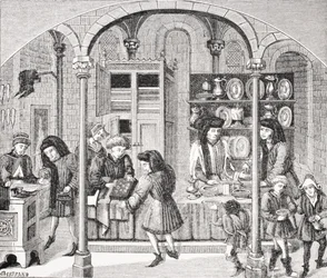 Shops under a Covered Market, after a miniature in a 14th century translation of Aristotle